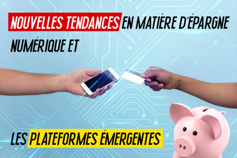 Deux mains échangeant une carte de crédit et un smartphone sur fond de circuit imprimé avec une tirelire rose et le texte sur les tendances en épargne numérique.