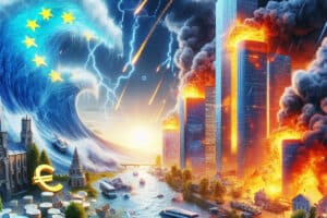 Image apocalyptique combinant inondations, incendies de gratte-ciel et orages symbolisant les défis financiers du changement climatique pour l'assurance.