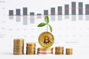 Bitcoin avec une petite plante poussant sur le dessus, devant des piles de pièces de monnaie et un graphique financier en arrière-plan, symbolisant les risques et les opportunités de l'investissement dans les cryptomonnaies.