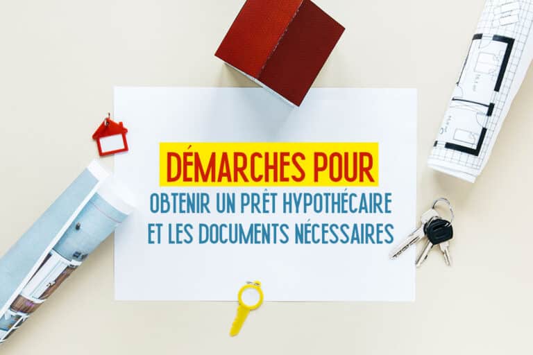 Ensemble de documents, clés et plans, avec un titre sur les démarches et les documents nécessaires pour un prêt hypothécaire.