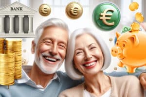 Couple âgé souriant avec des pièces d'euro et une tirelire cochon, symbolisant l'épargne pour la retraite.