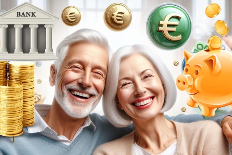 Couple âgé souriant avec des pièces d'euro et une tirelire cochon, symbolisant l'épargne pour la retraite.