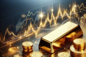 Lingot d'or et pièces de monnaie avec des graphiques en arrière-plan indiquant l'investissement comme refuge en temps d'incertitude économique.