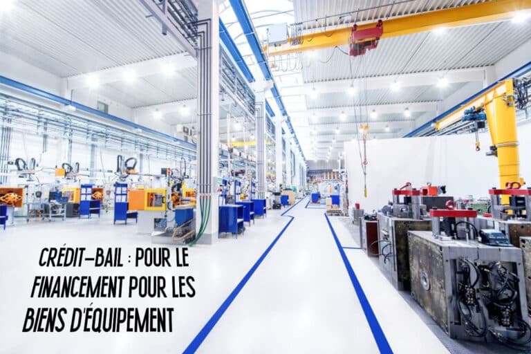 Usine moderne avec divers équipements et machines avec un texte sur le crédit-bail pour le financement des biens d'équipement.