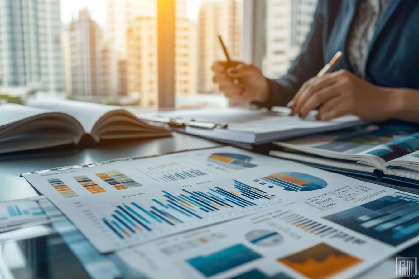 Documents financiers avec graphiques et mains travaillant près de la fenêtre