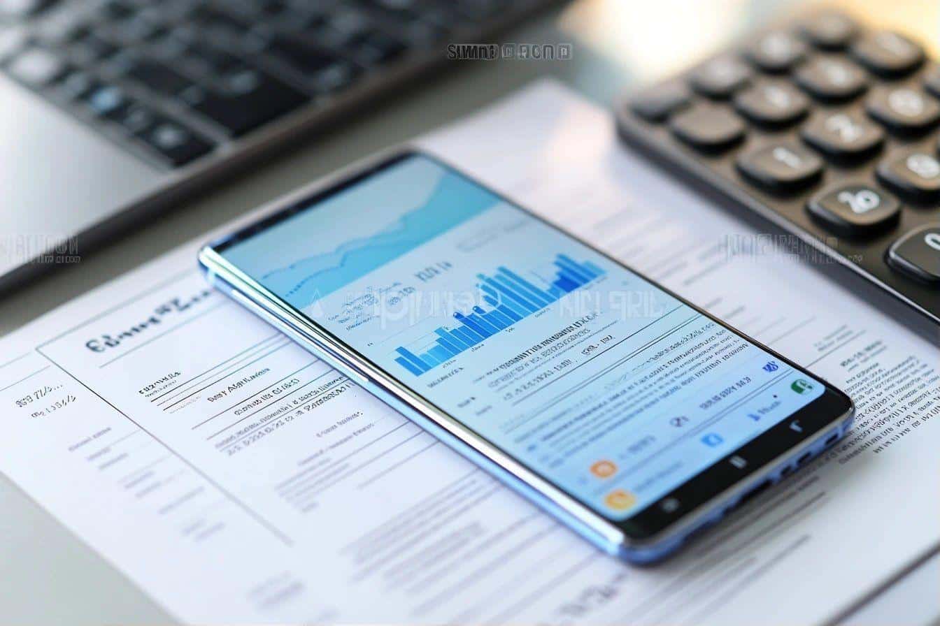 Smartphone affichant un graphique financier sur un document comptable