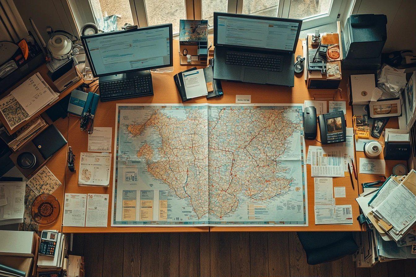Espace de travail avec carte, ordinateurs, documents et équipements divers