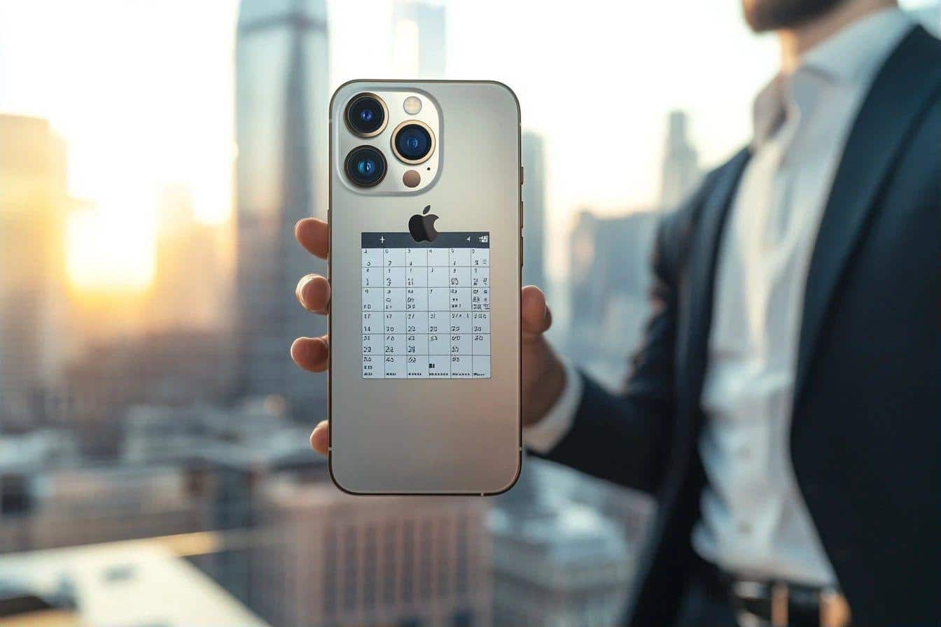 Smartphone tenu avec calendrier affiché, gratte-ciel en arrière-plan