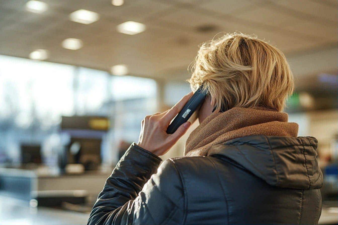 Femme au téléphone dans un lieu public avec éclairage moderne