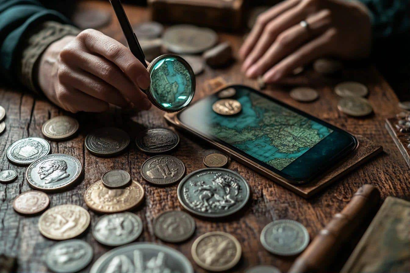 Main examinant une pièce de monnaie ancienne près d'un smartphone