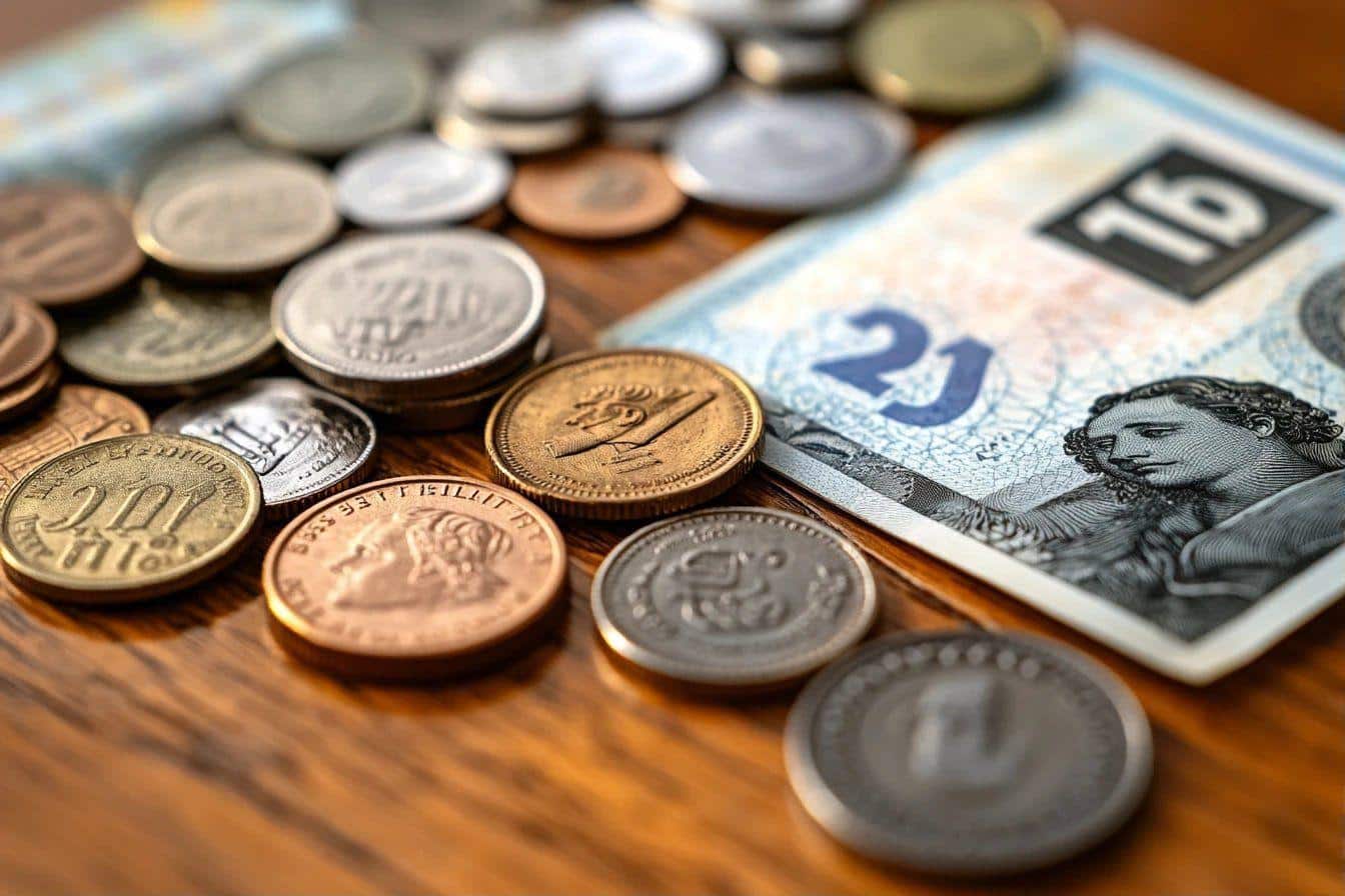 Pièces de monnaie de différentes couleurs et billet de banque