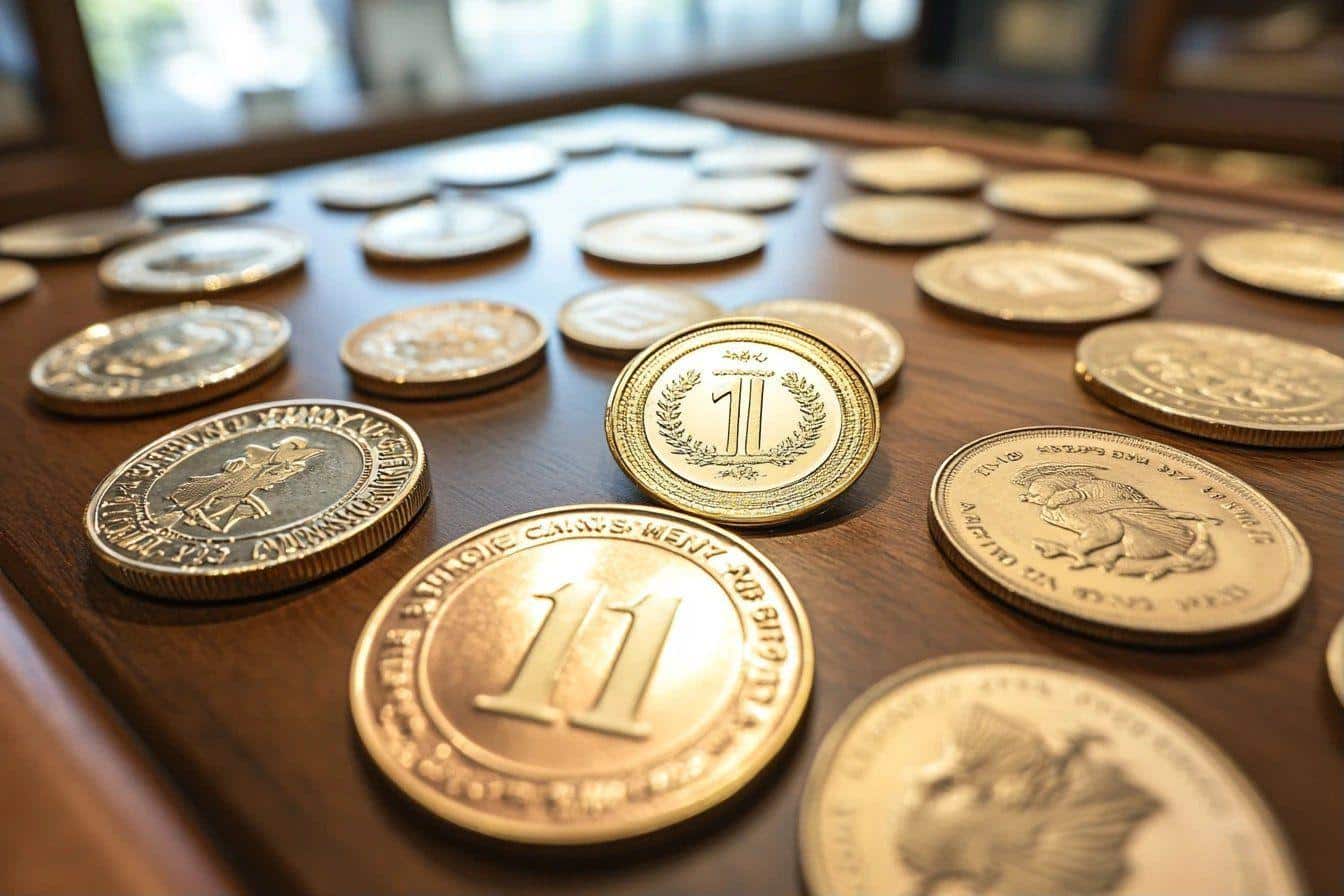 Plusieurs pièces de monnaie dorées disposées sur une surface en bois