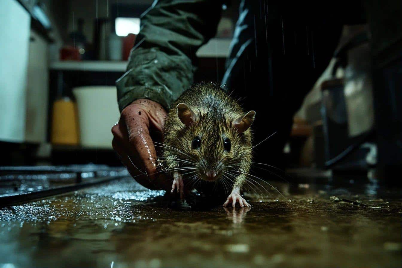 Rat sur sol humide près d'une main gantée