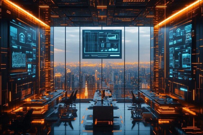 Intérieur technologique avec vue panoramique sur une ville illuminée