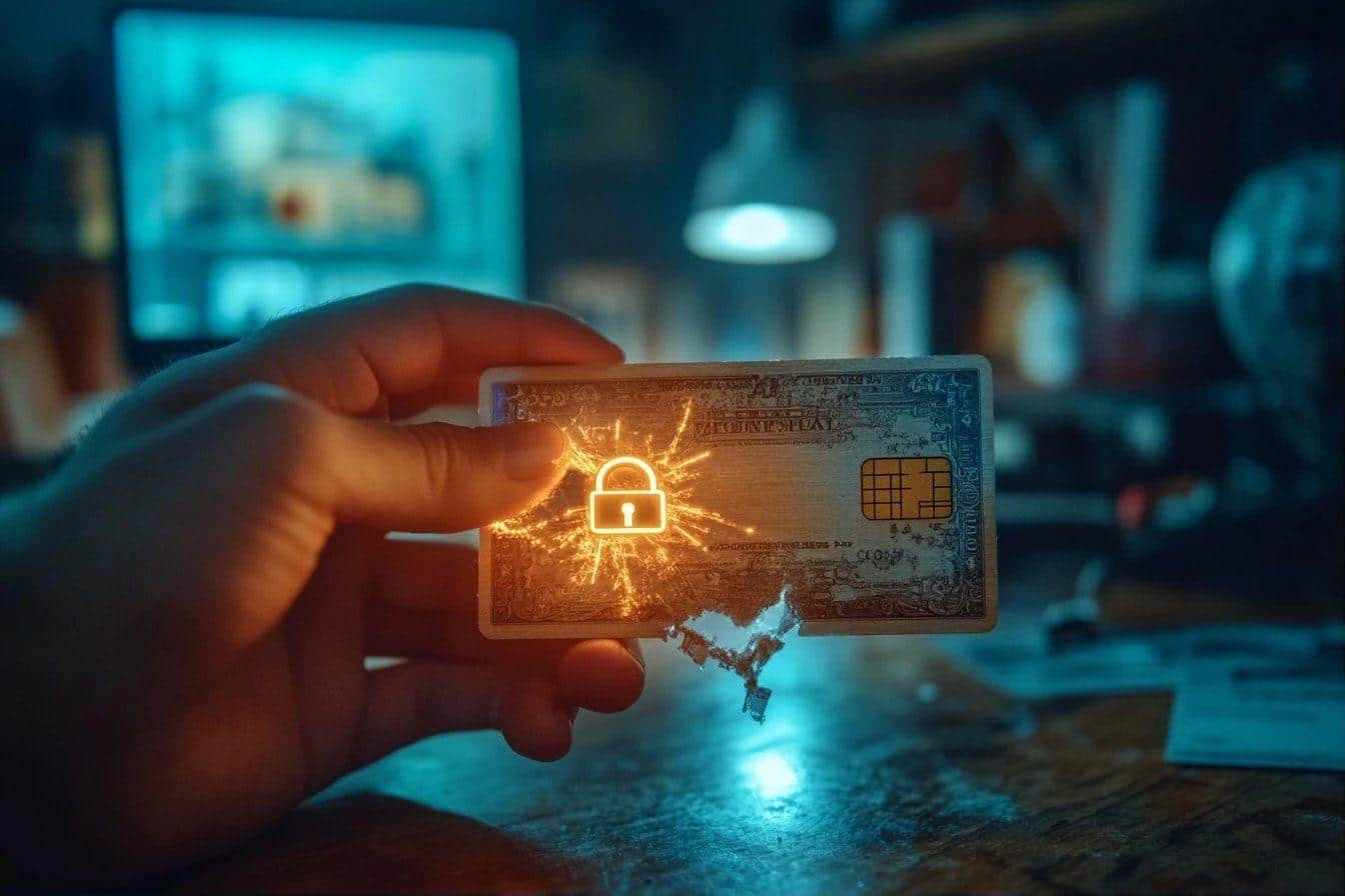 Main tenant une carte bancaire avec un cadenas lumineux de cybersécurité