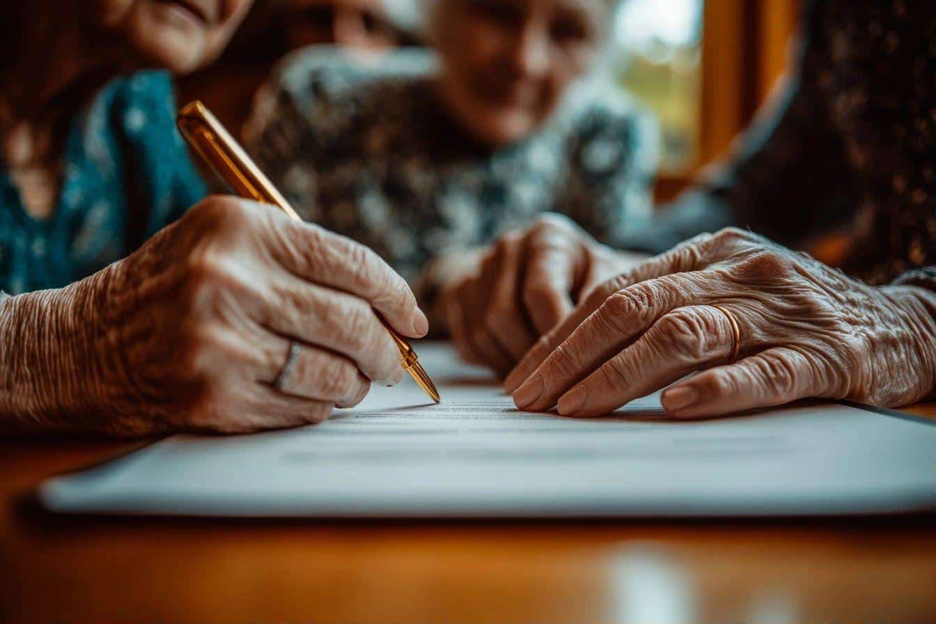 Mains ridées signant un document avec un stylo doré
