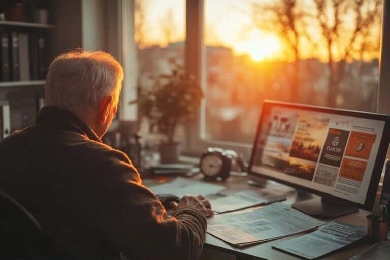 Senior devant un ordinateur au lever du soleil