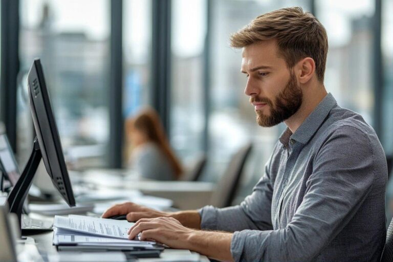 Homme barbu travaillant sur ordinateur dans un environnement professionnel