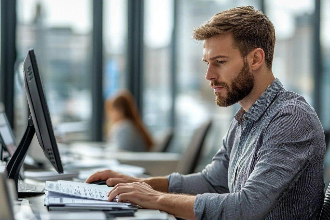 Homme barbu travaillant sur ordinateur dans un environnement professionnel