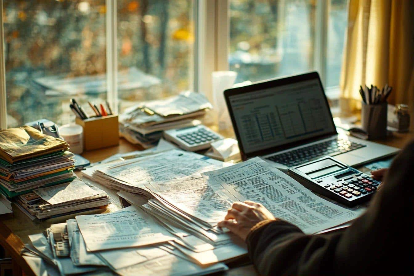 Bureau avec documents, calculatrice, ordinateur portable et lumière automnale