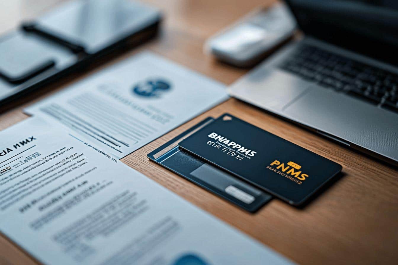 Documents et cartes de visite PNMS sur un bureau avec ordinateur portable