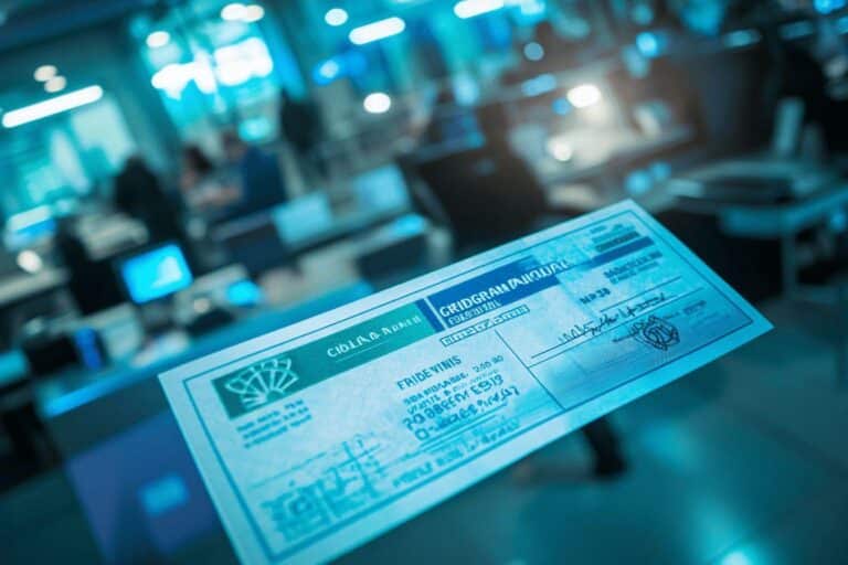 Chèque bancaire avec logo sur un fond numérique bleu
