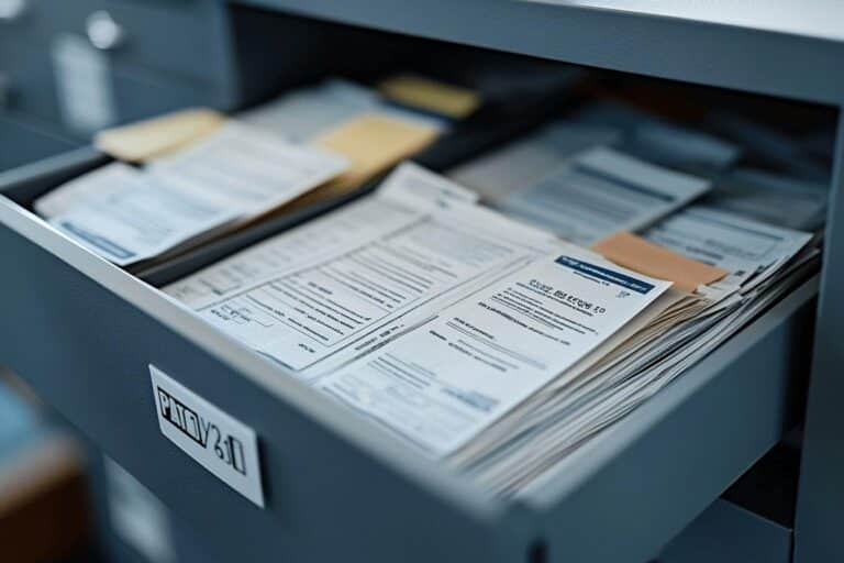 Tiroir de classeur gris rempli de formulaires et papiers