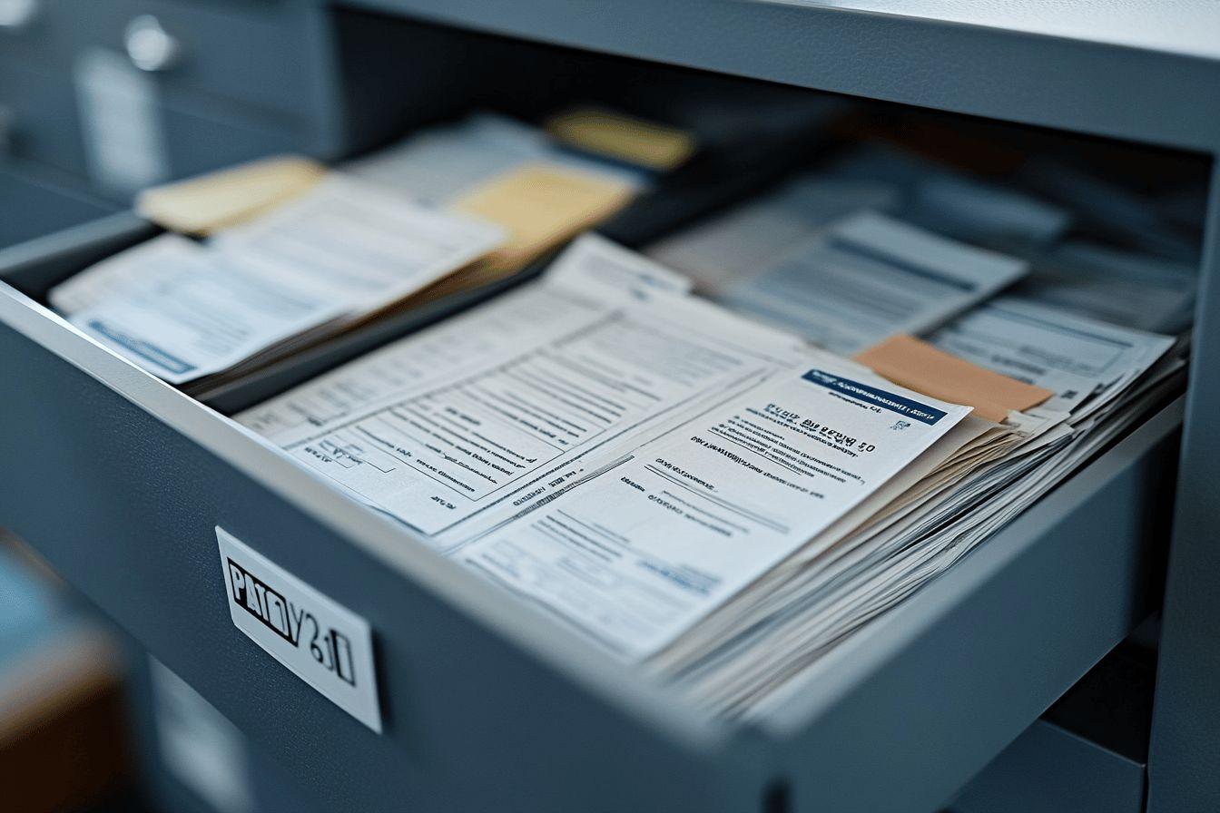 Tiroir de classeur gris rempli de formulaires et papiers