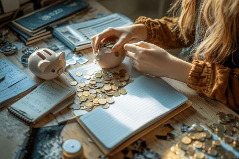 Main comptant des pièces avec tirelire et cahiers