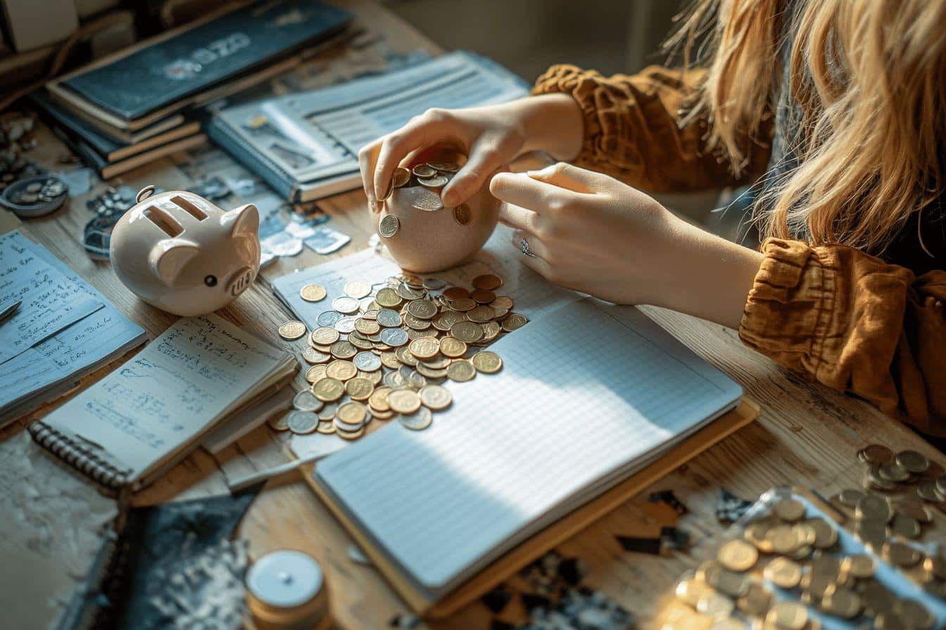 Main comptant des pièces avec tirelire et cahiers