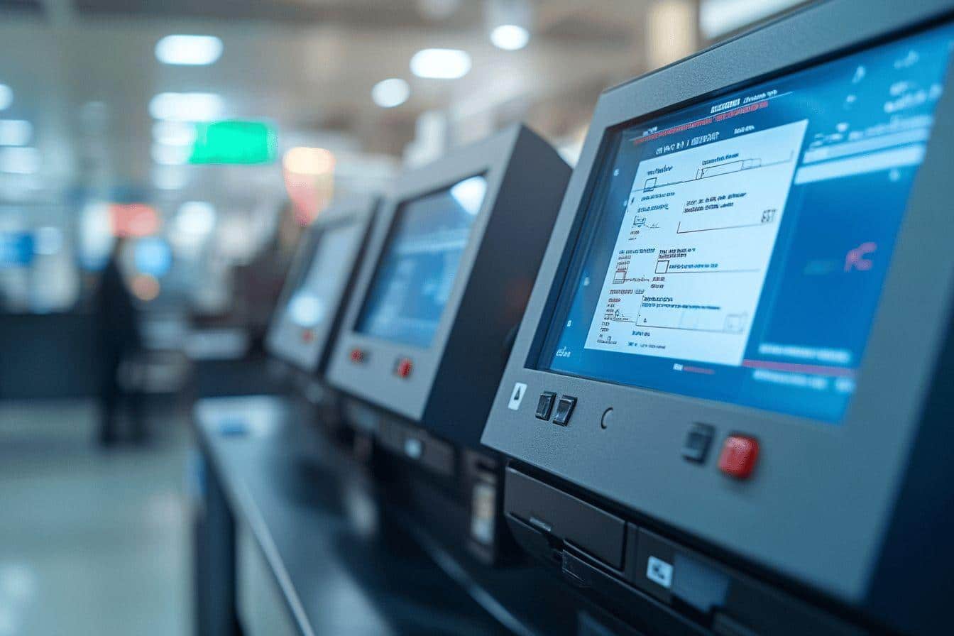 Plusieurs écrans techniques avec interfaces bleu et blanc