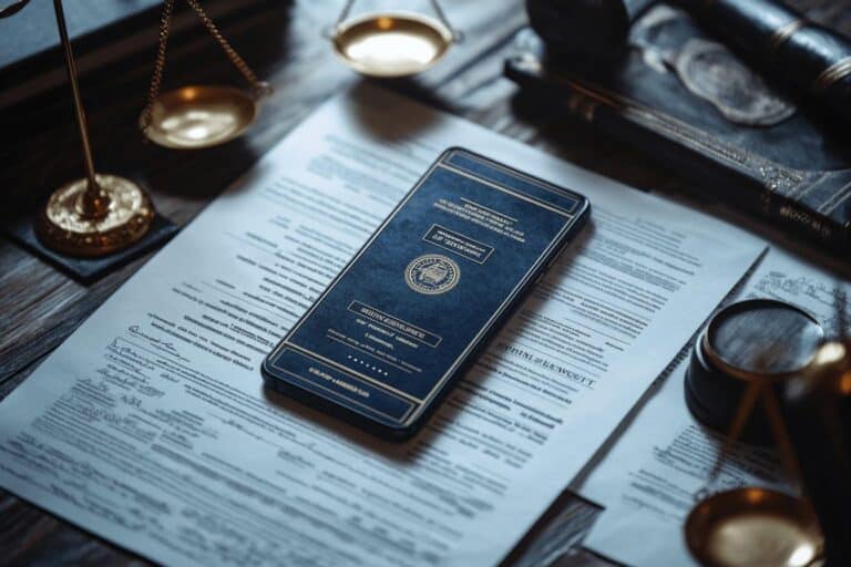 Smartphone sur documents officiels entouré d'objets de justice