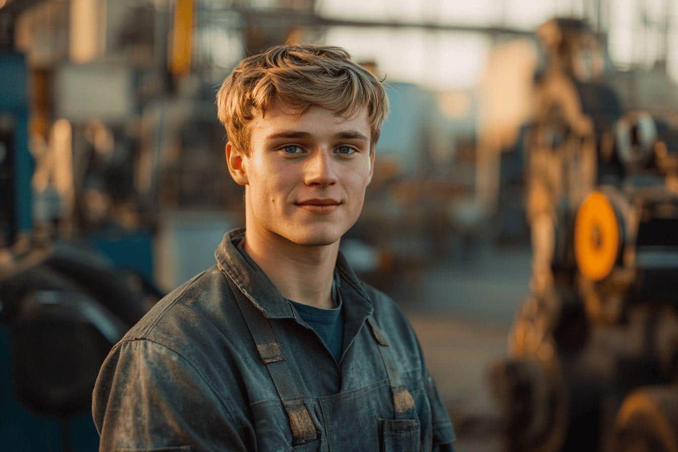Jeune homme souriant en veste de travail dans un environnement industriel