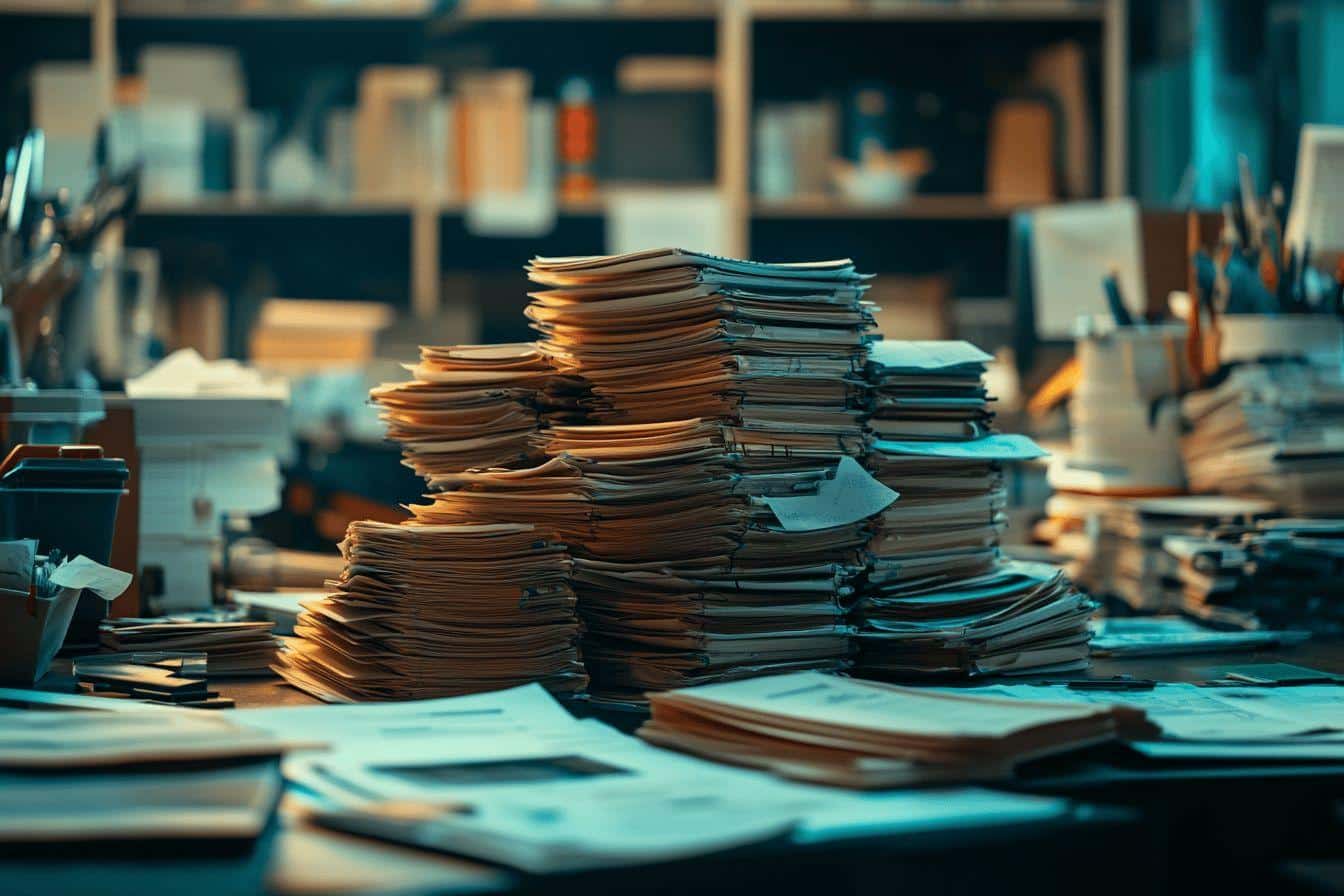 Grandes piles de documents et dossiers sur un bureau chargé