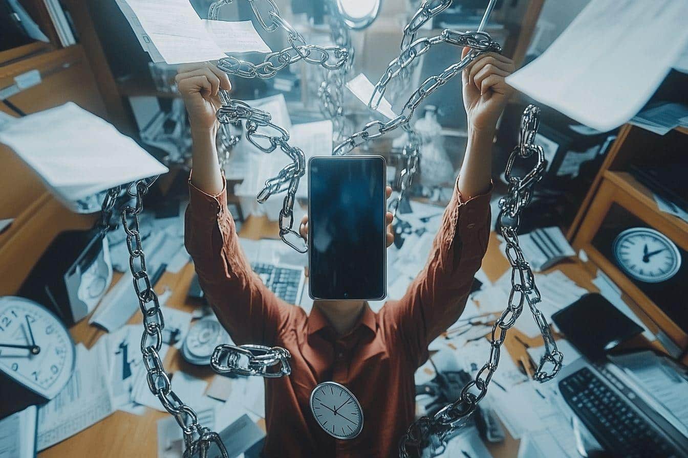Mains enchaînées par des chaînes numériques au travail
