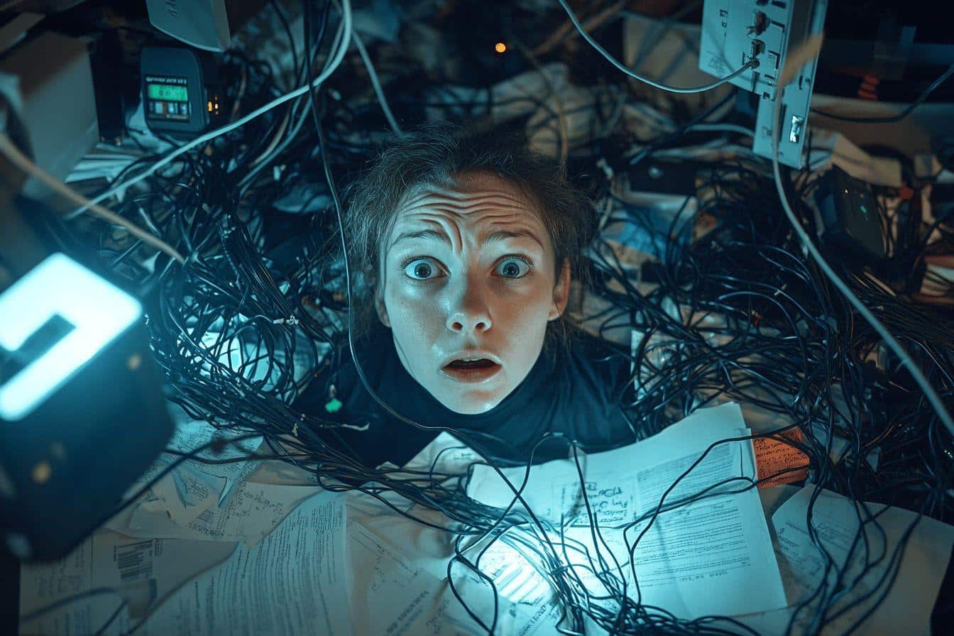 Visage choqué entouré de câbles et d'équipements électroniques