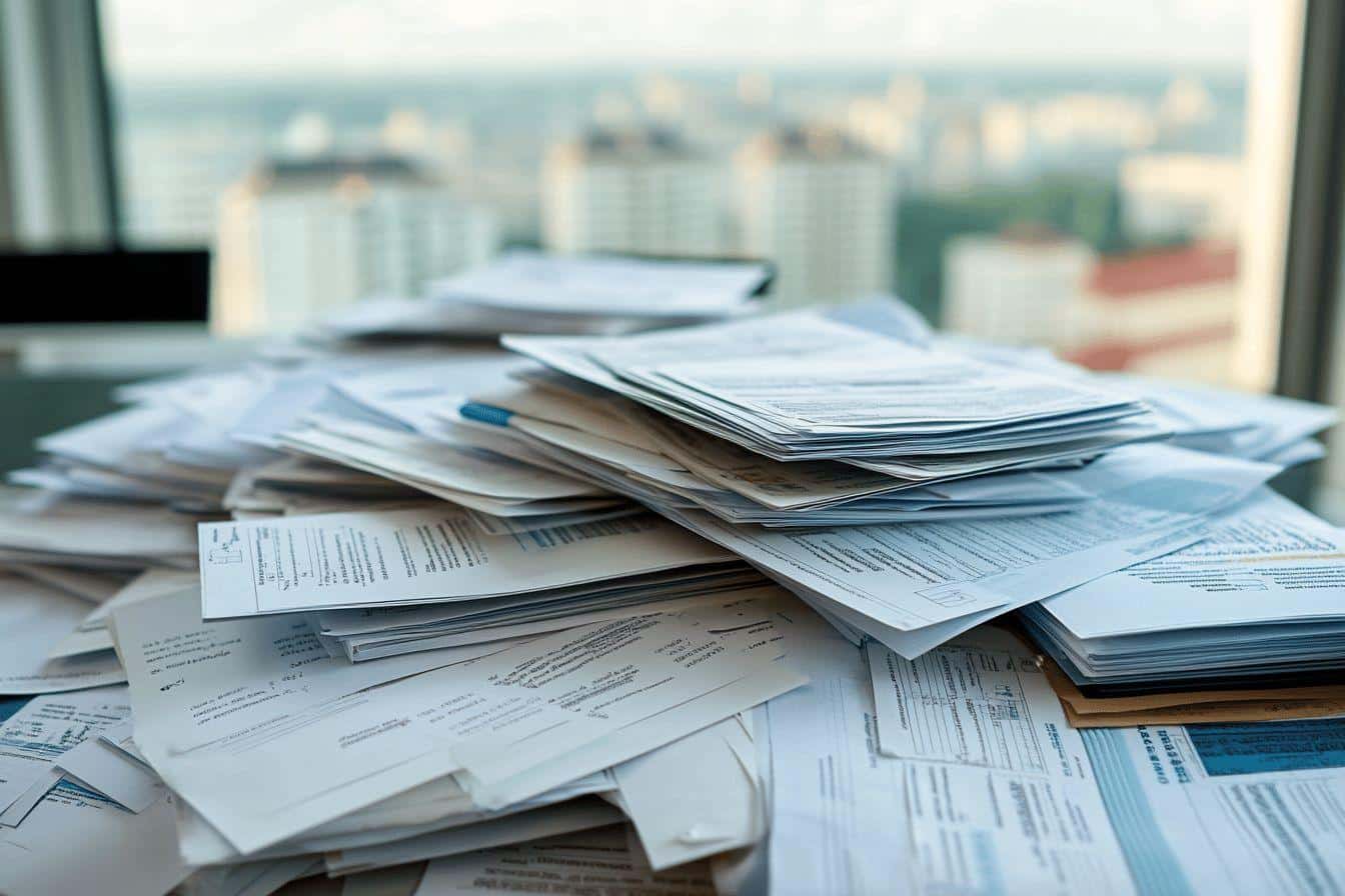 Documents papier empilés sur un bureau avec vue urbaine
