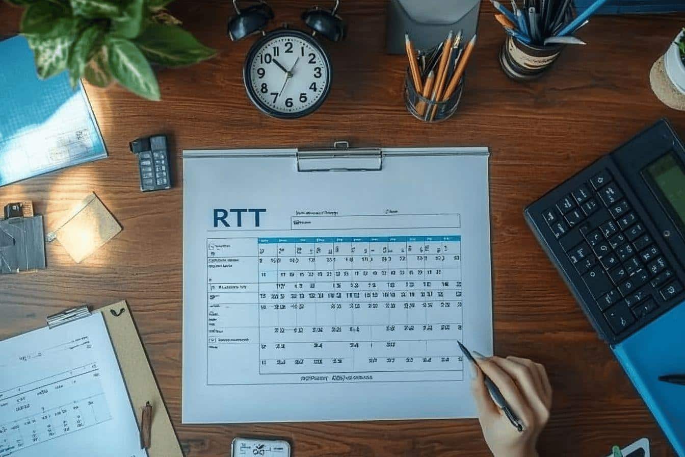 Calendrier RTT sur un bureau avec horloge et fournitures