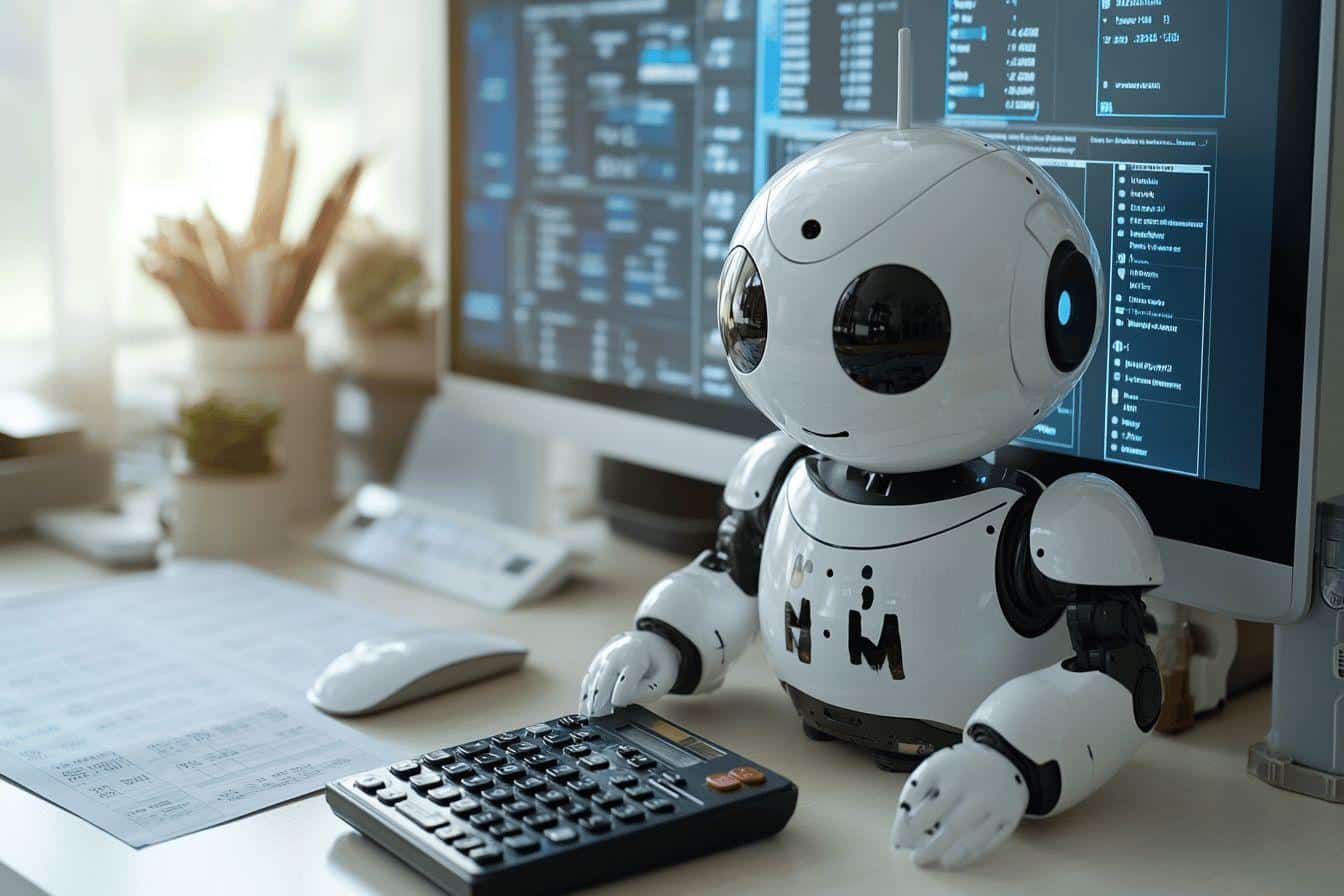 Robot blanc mignon près d'un écran avec des données numériques