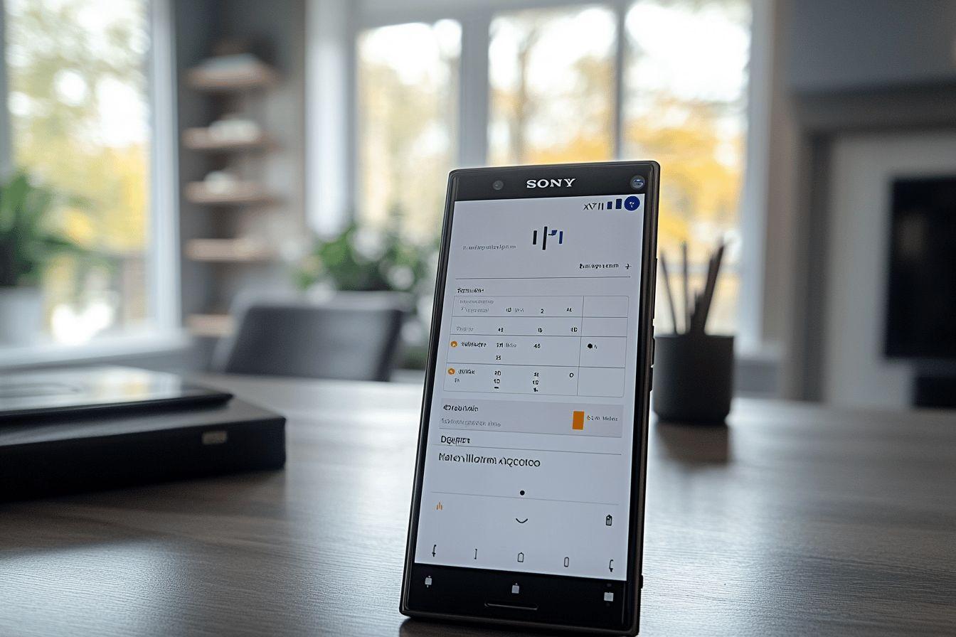 Téléphone Sony noir sur bureau avec fenêtre en arrière-plan