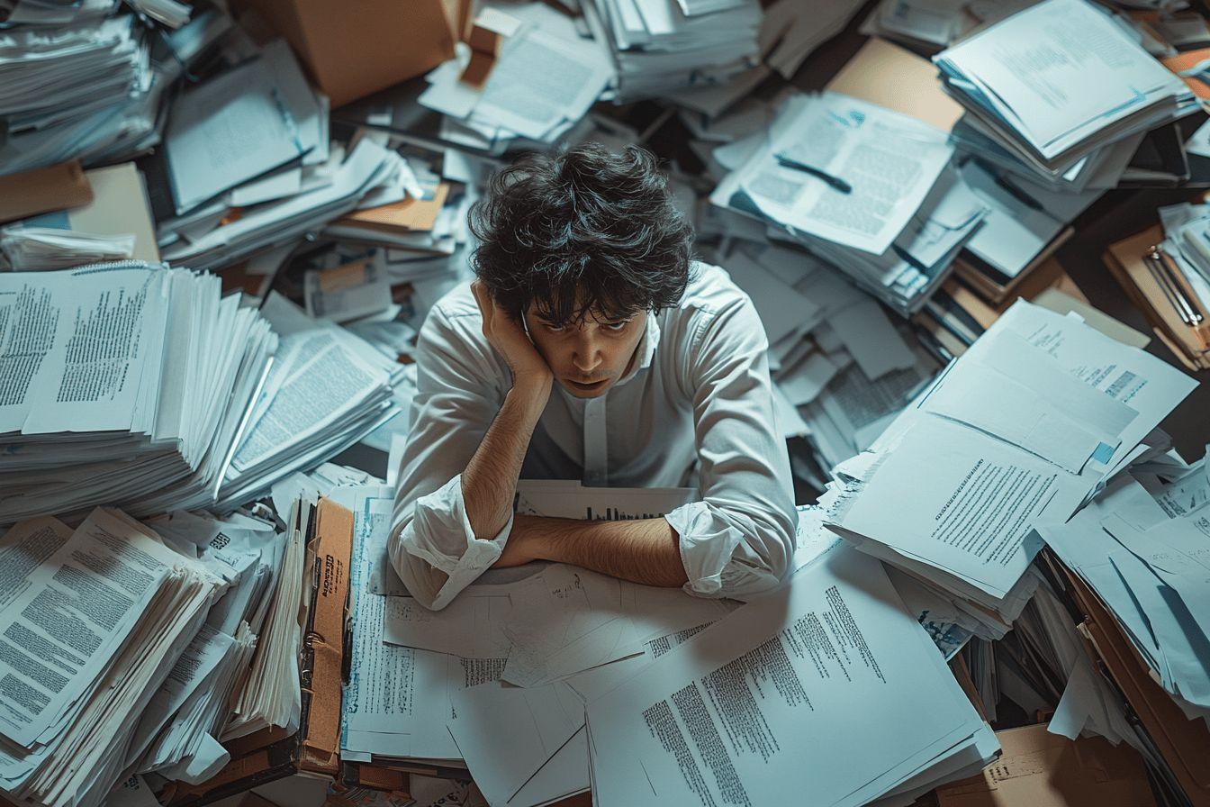 Personne épuisée noyée sous une montagne de documents