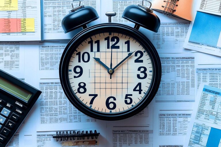 Horloge vintage sur documents financiers avec calculatrice