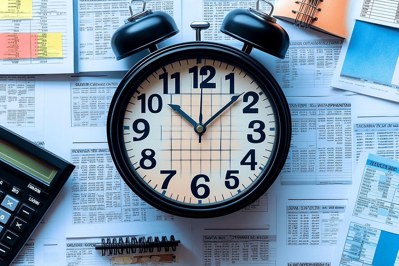 Horloge vintage sur documents financiers avec calculatrice