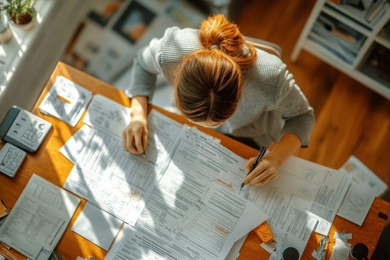 Personne à chignon travaillant sur des documents avec concentration