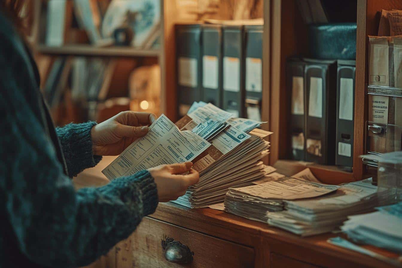 Mains triant des documents papier dans un bureau vintage
