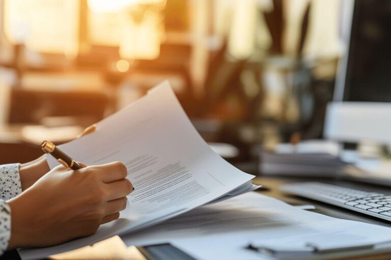 Main signant un document près d'un ordinateur portable
