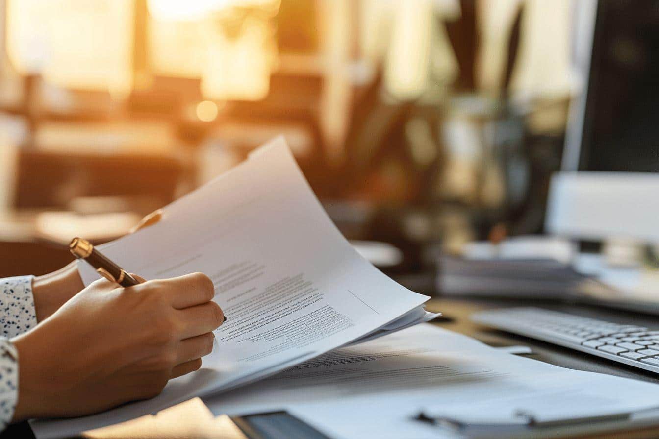 Main signant un document près d'un ordinateur portable