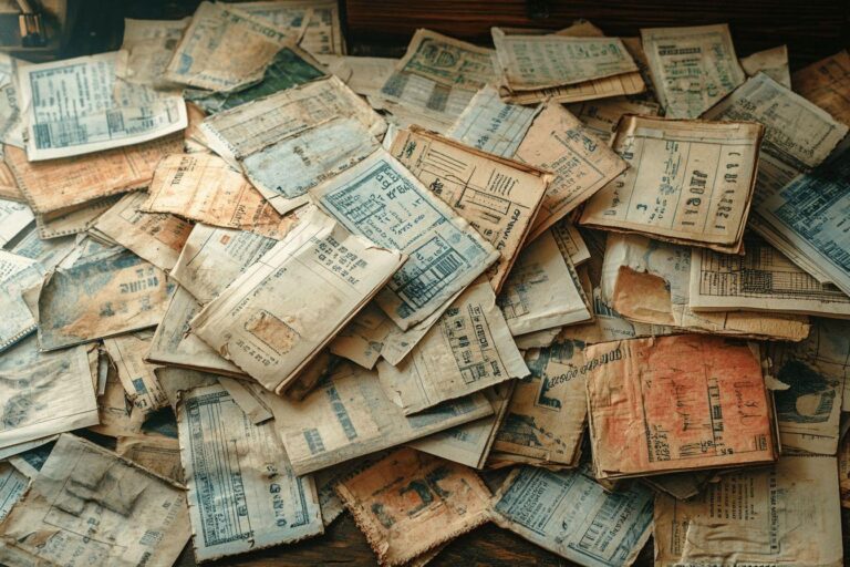 Tas de documents administratifs vieillis et froissés