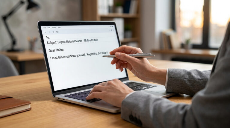 Une personne rédige un e-mail formel adressé à un notaire sur son ordinateur portable.