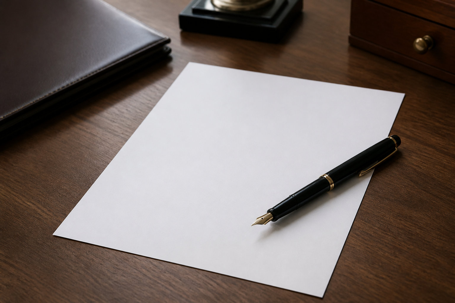 Une feuille de papier blanc vierge posée sur un bureau en bois sombre, avec un stylo plume à côté.